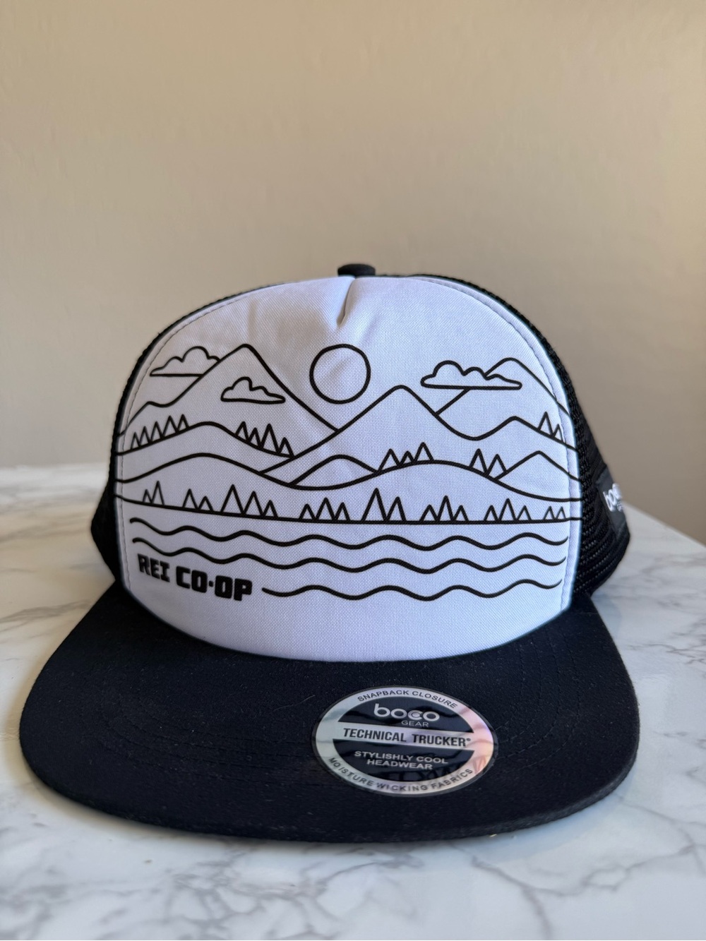 REI Co-Op New With Sticker Trucker SnapBack Hat - Logo & Mountain Scene
